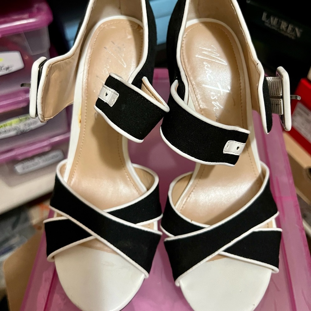 Black and white ankle strap sandals. Worn once.